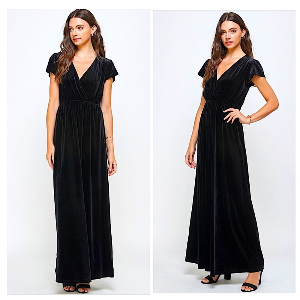 Black Velvet Flutter Sleeve V-Neck Maxi Dress